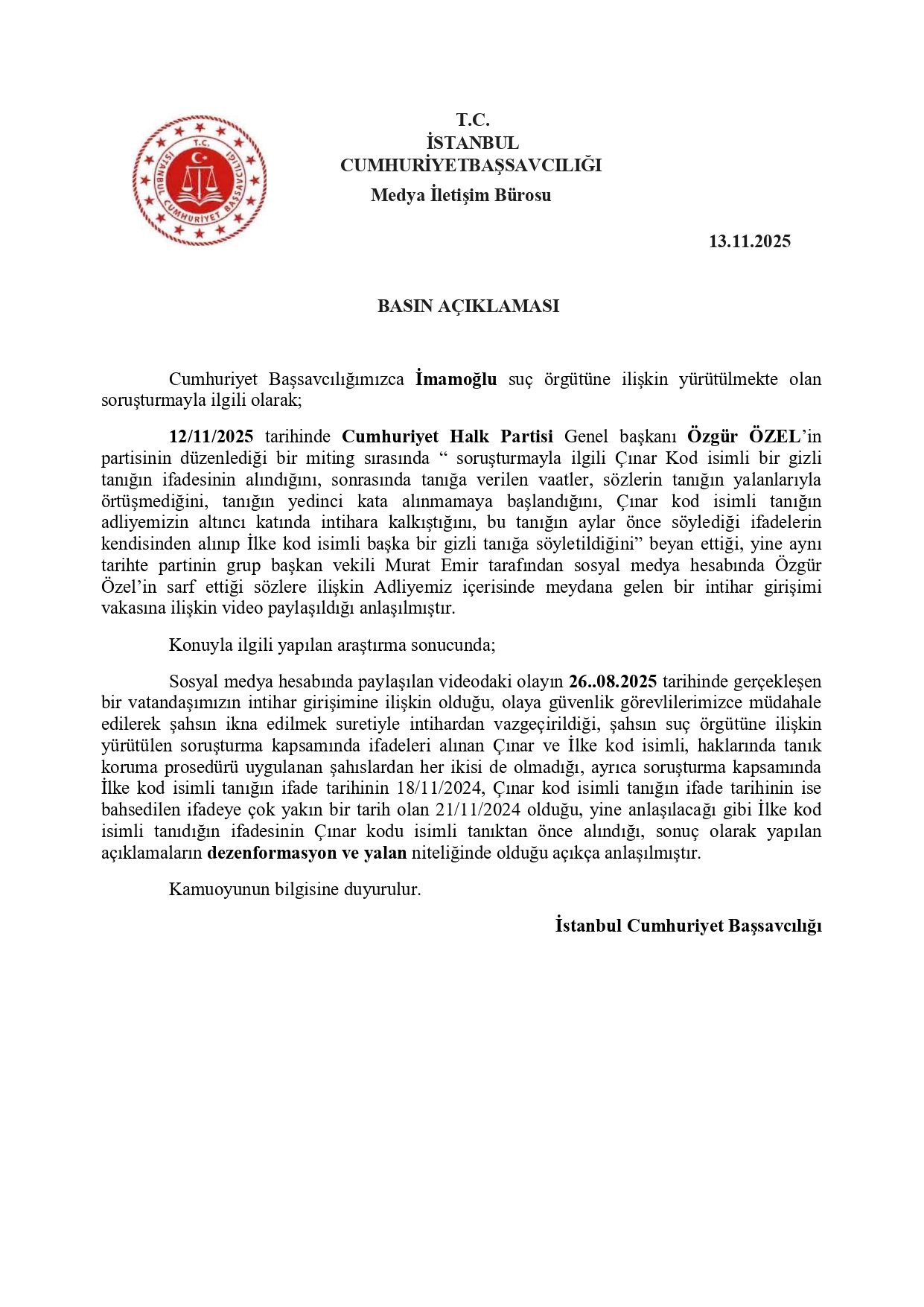 Özgür Özel’in Gizli Tanık İddialarına Başsavcılıktan Net Yanıt: Açıklamalar Dezenformasyon ve Yalan Niteliğindedir 1 IMG 7496